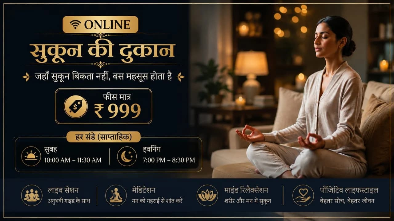 ऑनलाइन सुकून की दुकान · फीस मात्र ₹999 · हर संडे, सुबह 10:00 AM और शाम 7:00 PM